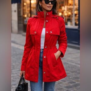 London Fog Red Trench Coat Women's Small l Lightweight Rain Jacket Waist Fall Co